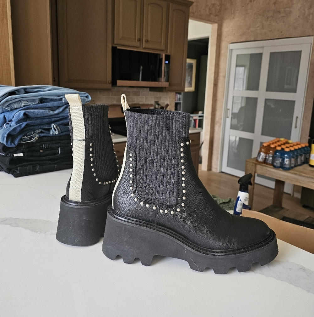 Dolce Vita Studded Boots Black Leather Knit Chelsea Platform Studded Boots